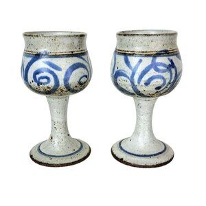 Vintage Gray Blue Stoneware Drinkware Chalice Pedestal Pair of Goblets S…